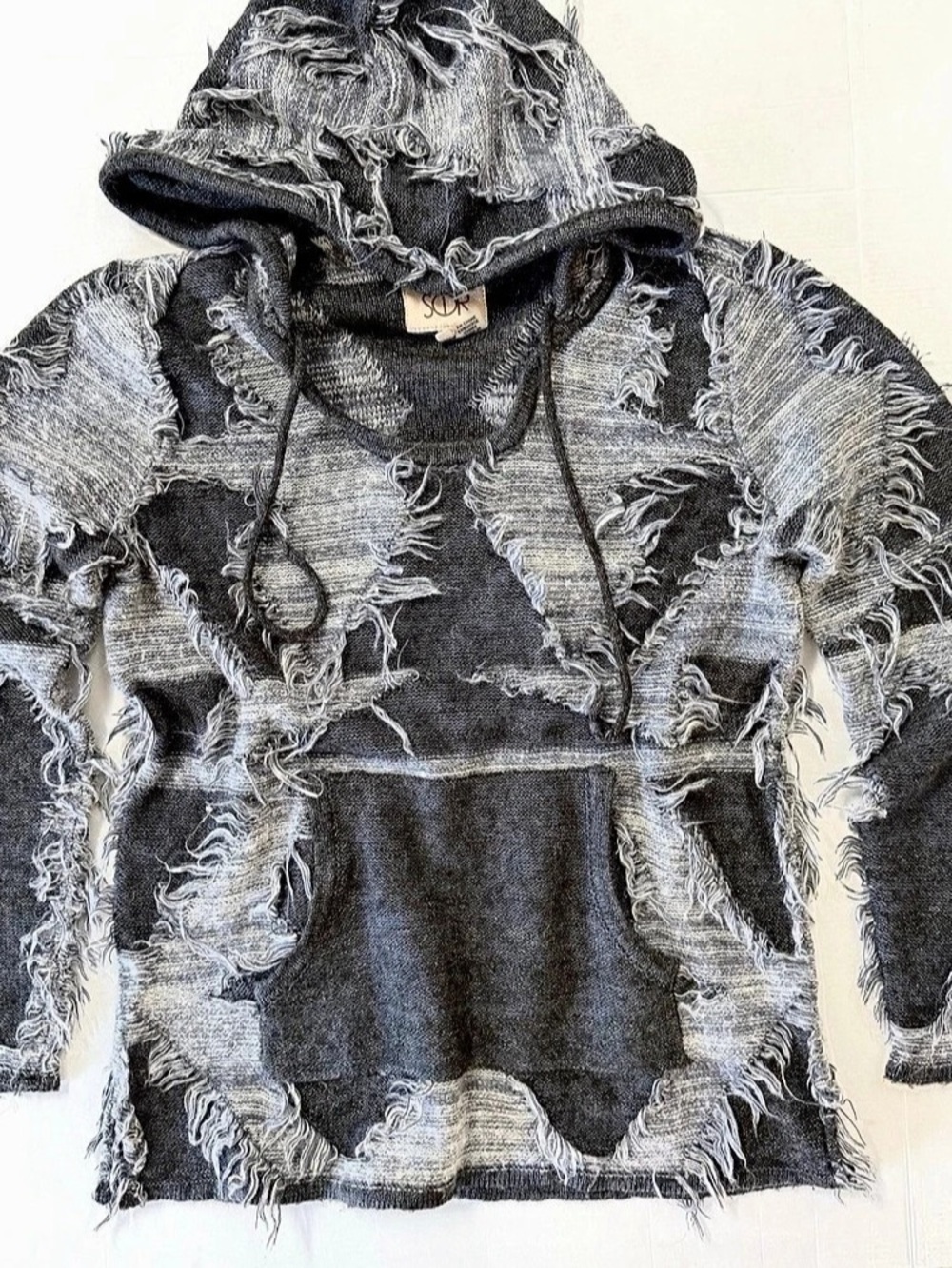 Chaser Distressed Patchwork Hoodie Black & Gray Oversized XS Punk Fairy Grunge